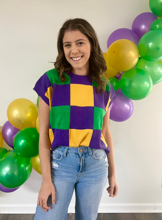 Mardi Gras Checkered Sweater Vest