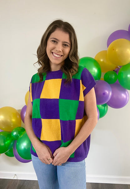 Mardi Gras Checkered Sweater Vest